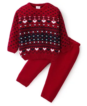 Babyhug Acrylic Knit Full Sleeves Sweater Set Heart Design - Red & Navy Blue