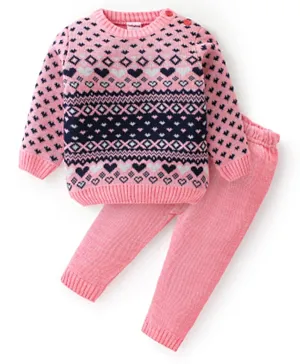Babyhug Acrylic Knit Full Sleeves Sweater Set Heart Design - Pink