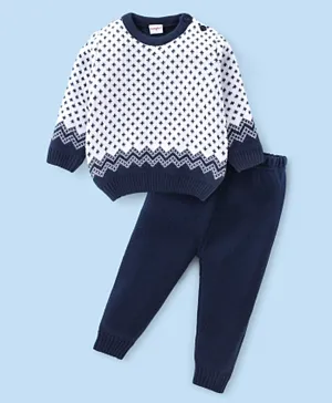 Babyhug Knitted Full Sleeves Sweater Set with Floral Design - Navy Blue