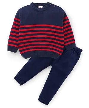 Babyhug Full Sleeves Striped Baby Sweater Set - Red & Navy