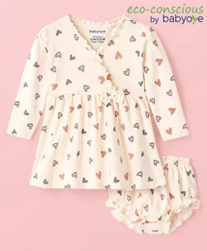 Babyoye Eco-Conscious Cotton Full Sleeves Frock with Bloomer Heart Print - Cream