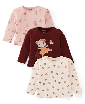 Babyoye Eco-Conscious Cotton Full Sleeves T-Shirts Teddy Printed Pack of 3 - Peach Maroon & Beige
