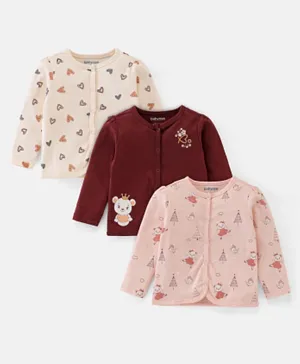 Babyoye Eco Conscious Cotton Full Sleeves Thermal Vest Teddy & Heart Print Pack Of 3 - Pink Maroon & White