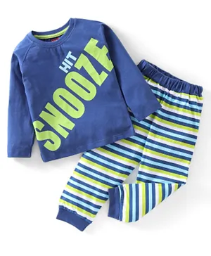 Babyhug Cotton Full Sleeves Night Suit Stripes & Text Print - Blue & Green