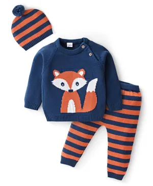 Babyhug Acrylic Knit Full Sleeves Sweater Set with Cap Fox Design - Navy Blue & Orange