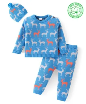 Babyhug Organic Cotton Knit Full Sleeves Baby Sweater Set with Cap & Reindeer Design - Blue