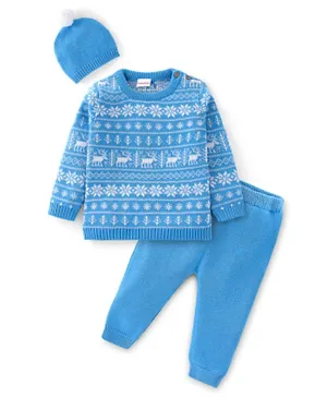 Babyhug Organic Cotton Knit Full Sleeves Sweater Set with Cap Reindeer Design - Blue