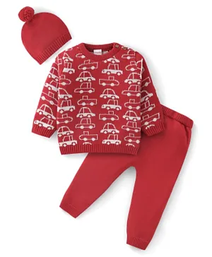 Babyhug Organic Cotton Full Sleeves Car Design Sweater Set with Cap - Red