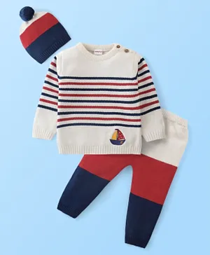 Babyhug Organic Cotton Knit Full Sleeves Striped Sweater Set with Cap - Red & White