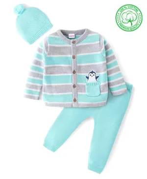 Babyhug Full Sleeves Organic Cotton Striped Sweater and Pant Set with Pom Pom Cap Penguin Embroidery - Aqua Blue & Grey