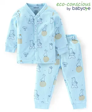 Babyoye Cotton Modal Blend Full Sleeves Bear Print Thermal Inner Wear Set - Blue