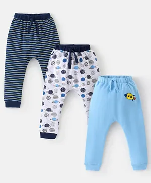 Babyhug Cotton Diaper Pants Striped & Planets Printed Pack of 3 - Blue