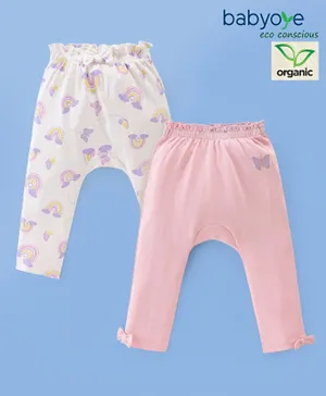 Babyoye Cotton Eco Conscious Full Length Leggings Rainbow & Butterfly Print Pack of 2- Pink & White