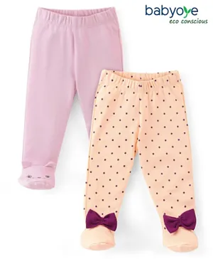 Babyoye Cotton Eco Conscious Bootie Leggings Bow Applique Dot Print Pack of 2- Peach & Purple