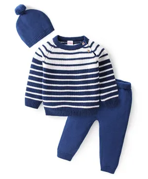 Babyhug Organic Cotton Knit Full Sleeves Sweater Set with Cap Striped Design - Navy Blue & White