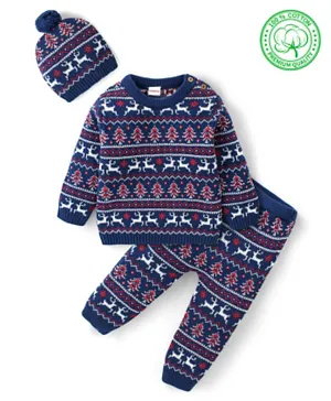 Babyhug Organic Cotton Full Sleeves Baby Sweater Sets Christmas Theme - Navy