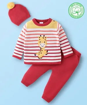 Babyhug Full Sleeves Organic Cotton Striped Sweater and Pant Set with Pom Pom Cap Giraffe Patch - Red