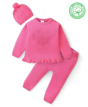 Babyhug Organic Cotton Knit Full Sleeves Sweater Set Heart Design - Dark Pink