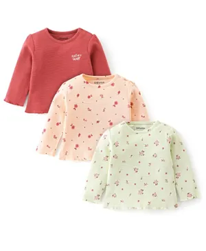 Babyoye Cotton Eco Conscious Full Sleeves Tee Floral Print Pack of 3- Green Peach & Red