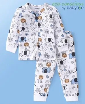 Babyoye Thermal Cotton Modal Blend Full Sleeves Vest & Pajama Set Wild Animals Print - White