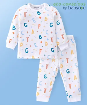 Babyoye Thermal Cotton Modal Blend Full Sleeves Vest & Pajama Set Wild Alphabet Print - White