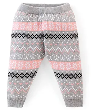 Babyhug Full Length Fleece & Woolen Lounge Pant Abstract Print - Grey & Pink