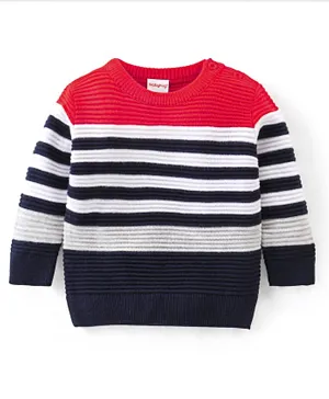 Babyhug 100% Acrylic Knit Full Sleeves Striped Sweater - Red & White