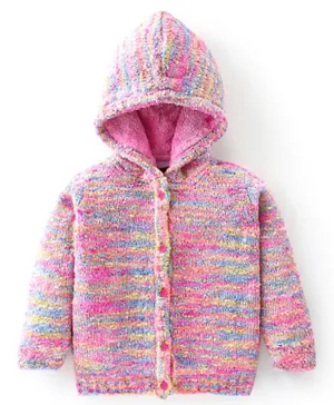 Babyhug Knitted Full Sleeves Front Open Hooded Sweater - Pink & Blue