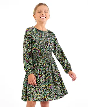 Primo Gino Woven Full Sleeves Frock With Allover Animal Print- Garden Green