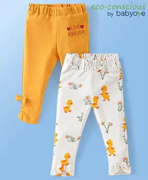 Babyoye 100% Cotton Eco Conscious Full Length Leggings Duck Print Pack of 2- Yellow & White
