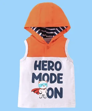 Babyhug Cotton Jersey Sleeveless T-Shirt with Hood Text Print - Orange