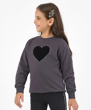Primo Gino 100% Cotton French Terry Full Sleeves Sweatshirt with Sequins & Heart Artwork Print - Grey