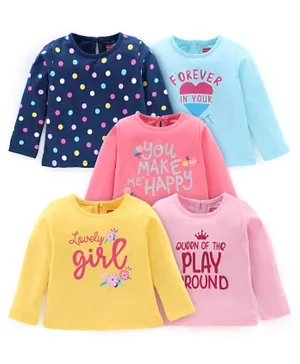 Babyhug Cotton Knit Full Sleeves T-Shirt Text Print Pack of 5 - Yellow Pink & Blue