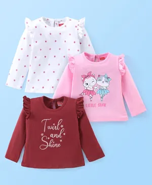 Babyhug Cotton Knit Full Sleeves T-Shirt with Graphic and Frill Detailing Pack of 3 - Pink White & Maroon