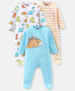 Babyhug Cotton Knit Full Sleeves Footed Sleep Suits Stripes & Dino Print Pack Of 3 - Multicolor