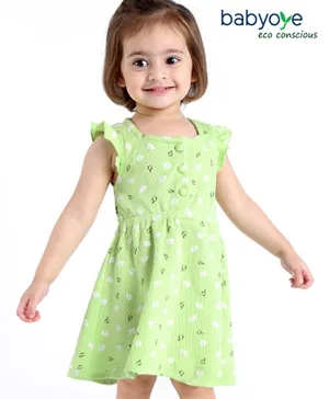 Babyoye Cotton Knit Sleeveless Frock with Floral Print - Green