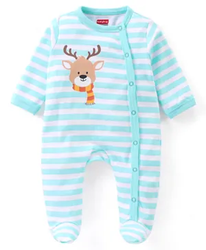 Babyhug Cotton Full Sleeves Striped Footed Winter Wear Sleep Suit with Stag Print - Blue