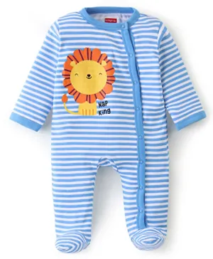 Babyhug Cotton Full Sleeves Sleep Suit Lion & Stripes Print- Blue