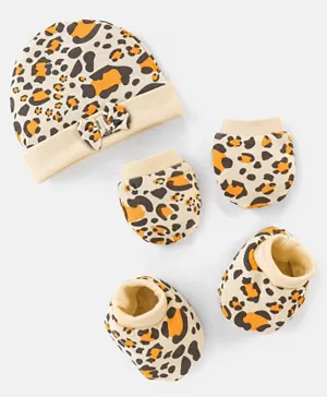Bonfino 100% Cotton Leopard Print Cap Mittens & Booties Beige - Diameter 10.5 cm