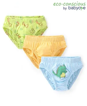 Babyoye Eco Conscious 100% Cotton With Antibacterial Finish Briefs Dino Print Pack of 3 - Yellow Blue & Green