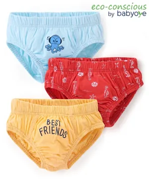 Babyoye 3 Pack Eco Conscious 100% Cotton With Antibacterial Finish Briefs Text Print - Red Blue & Yellow