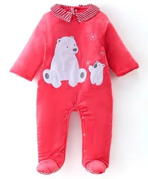 Babyhug Cotton Knit Full Sleeves Winter Wear Romper With Polar Bear Embroidery - Red