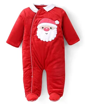 Babyhug Knitted Full Sleeves Winter Wear Romper with Santa Applique - Red