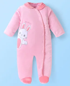 Babyhug Knitted Full Sleeves Winter Wear Romper with Bunny Applique - Pink