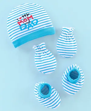 Babyhug 100% Cotton Knit Striped Cap Mittens & Booties Set Blue - Diameter 11 cm