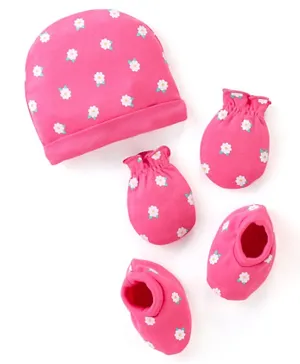 Babyhug 100% Cotton Cap Mittens And Booties Floral Print -  Pink