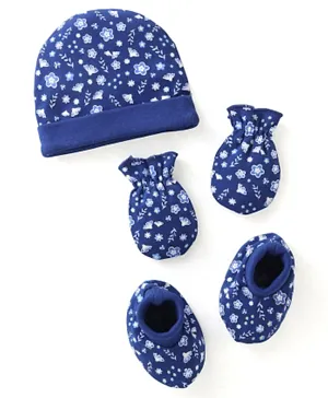 Babyhug 100% Cotton Cap Mittens And Booties Floral Print -  Blue