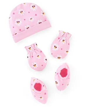 Babyhug 100% Cotton Cap Mittens And Booties Floral Print Pink - Diameter 9.5 cm