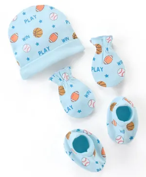 Babyhug 100% Cotton Cap Mittens & Booties Set Basketball Print Blue - Diamater 9.5 cm