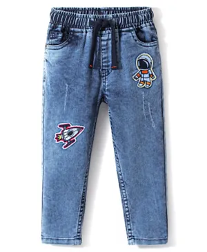 Babyhug Cotton Denim Full Length Stretchable Joggers Space Theme Embroidery - Blue
